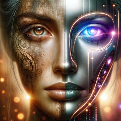 The primary subject of the image is a woman with a mix of human and robotic features. She has a human face with a nose, mouth, and eyes, but her body is covered in robotic elements. The setting is a futuristic environment, with a backdrop of a cityscape. The visual style is a combination of digital art and illustration, creating a unique and intriguing image. The colors and mood of the image are predominantly dark, with a touch of neon lights, giving it a myster
